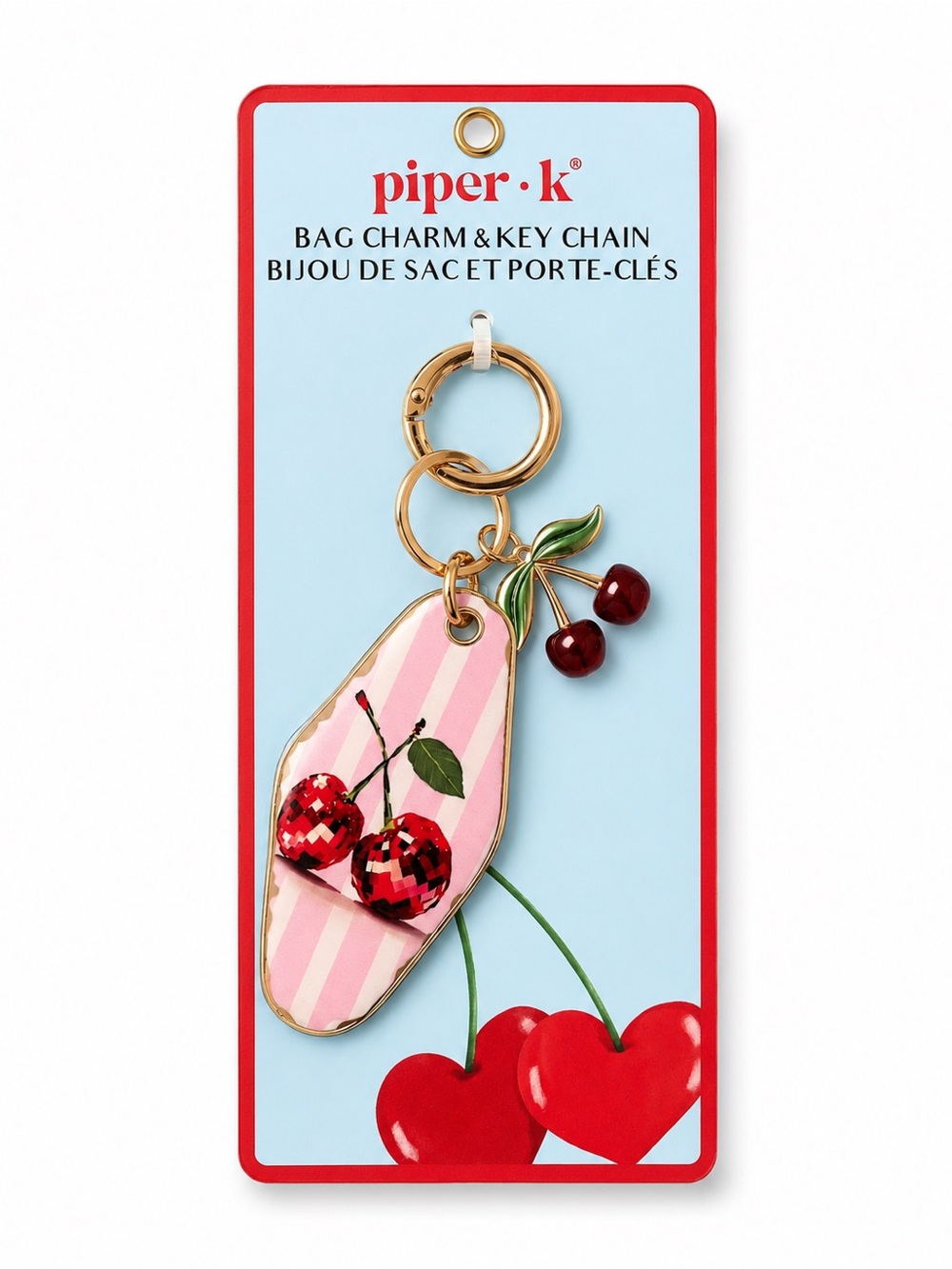 piper•k Pink Striped Cherry Enamel Bag Charm & Key Chain